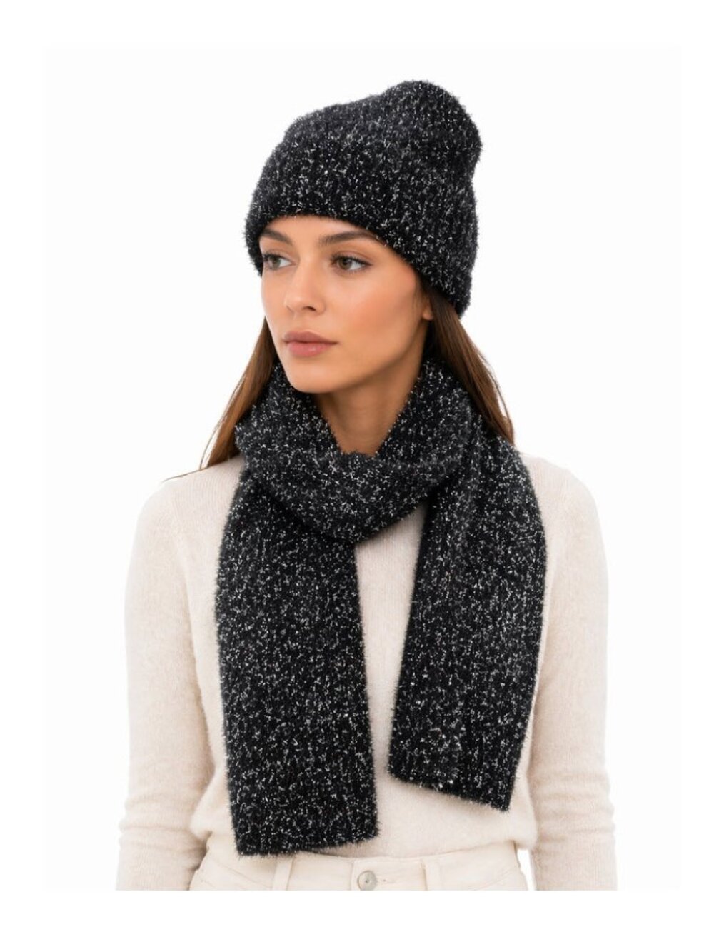 Kate Spade New York Black Silver Tinsel Knit Cozy Beanie Hat & Scarf 2pc Set